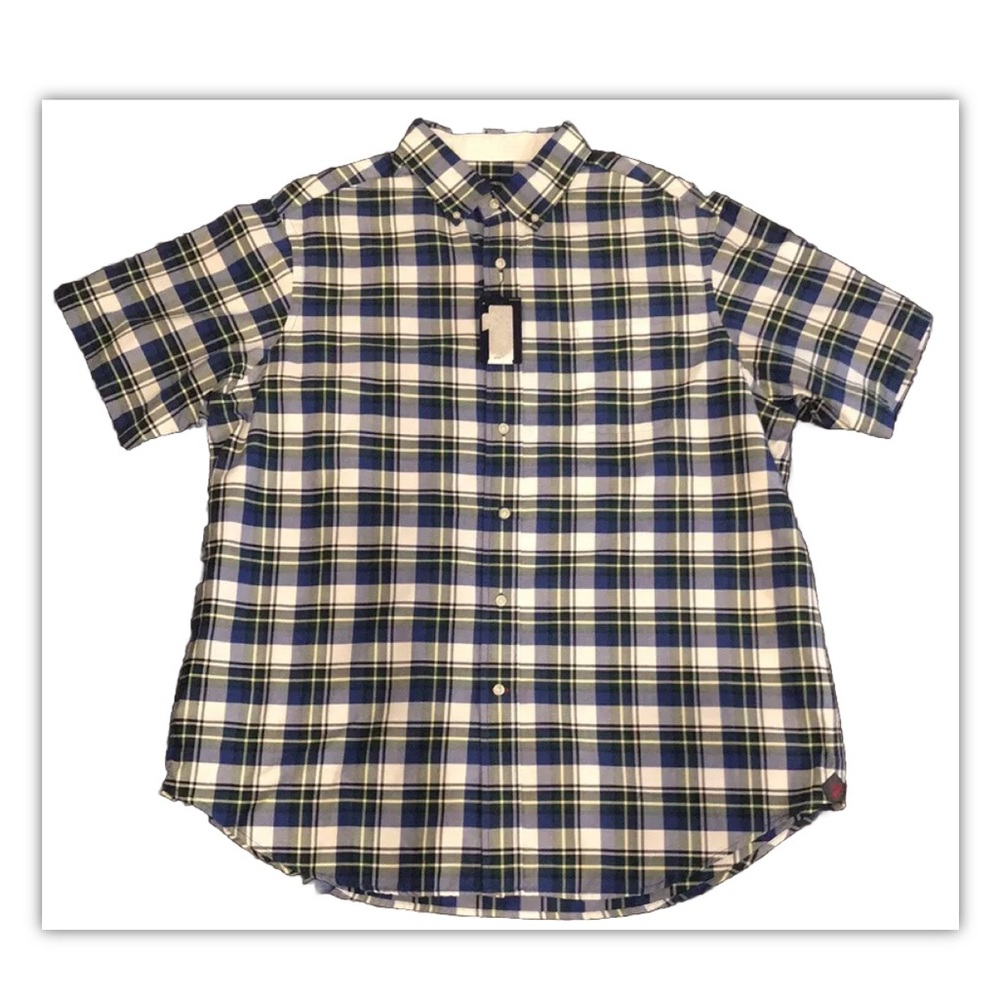 NWT Cremieux XL Blue/White/Green Short Sleeved Button Down Mens Shirt